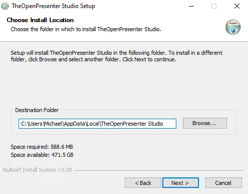 The installer's Choose Install Location screen showing the destination folder