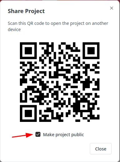 The Share Project window showing a QR code to open the project on another device, with the Make project public checkbox